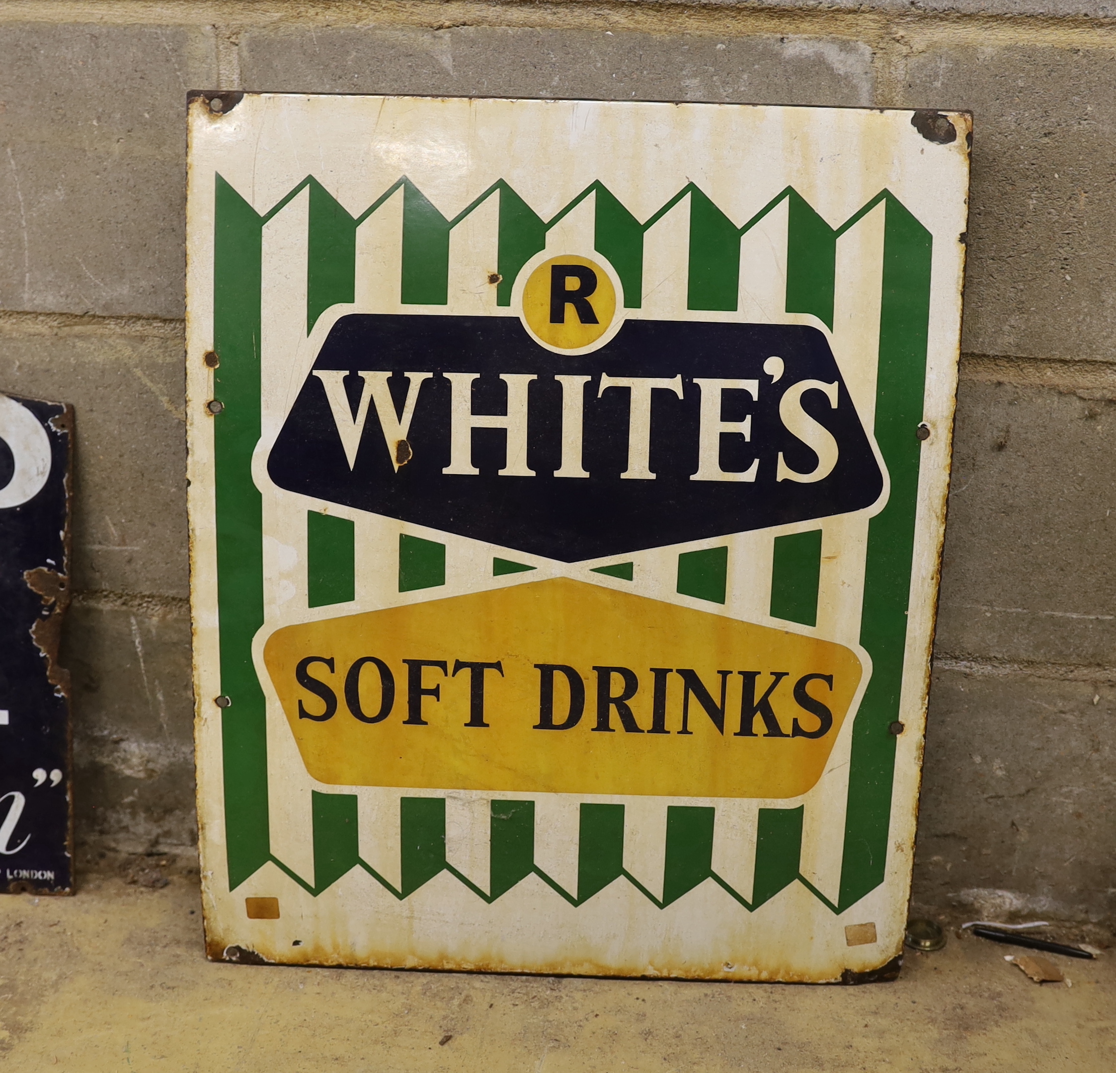 An original enamel advertising sign 'R White's Soft Drinks', width 52cm, height 64cm